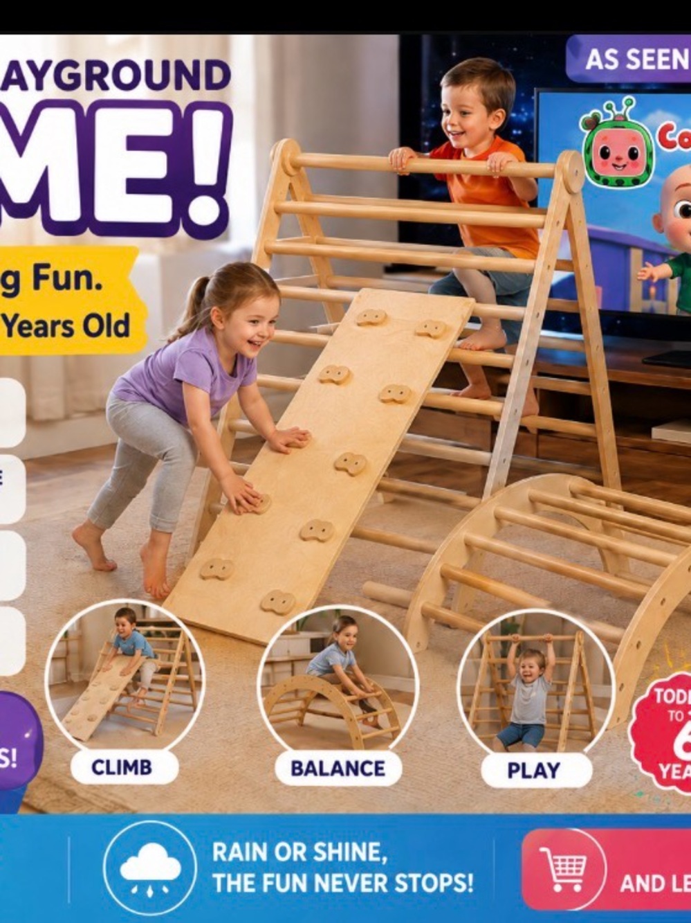 Natural Wood Kids Climbing Playset - Beige